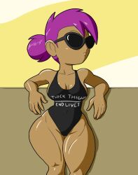 1girls bodysuit cartoon_network cleavage dark-skinned_female enid female legs leotard ok_k.o.!_let's_be_heroes one-piece_swimsuit ponytail purple_hair resting_arm sunglasses tanned_female tanned_skin tansau thick_legs thick_thighs