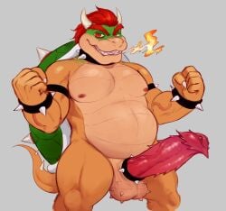 2022 accessory anthro balls bowser bracelet breath_powers cock_ring collar elemental_manipulation erection fire fire_breathing fire_manipulation genitals hair hi_res horn jewelry koopa male male_only mario_(series) musclegut nintendo nipples omegahaunter penile_spines penis penis_accessory penis_jewelry red_hair scalie solo spiked_balls spiked_bracelet spiked_collar spikes spikes_(anatomy) video_games