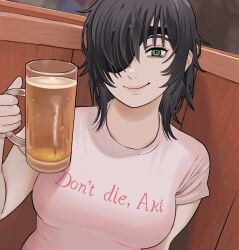 1girls alcohol beer black_hair chainsaw_man clothed clothes_writing clothing cup eyepatch female giganticbuddha green_eyes himeno_(chainsaw_man) looking_at_viewer medium_hair smile solo t-shirt