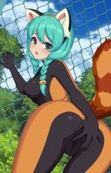 1girls amelia_(crush_crush) blue_eyes blue_hair cosplay crush_crush female female_only fence game_cg looking_at_viewer sad_panda_studios skin_tight tail