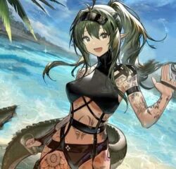 1girls ai_generated arknights artist_request beach beach_fit bikini breasts clothed clothed_female female female_only gavial_(arknights) green_hair holding_cup holding_object light-skinned_female light_skin medium_breasts pointy_ears solo tagme tattoo tattoo_on_belly tattoos water