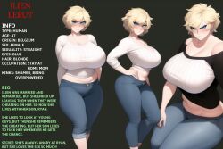 ai_generated angry big_breasts blonde_hair blue_eyes blush denim denim_clothing denim_jeans edit exposed_midriff female female_only huge_breasts ilien_lerut_(pron982) jeans large_breasts massive_breasts mature_female messy_hair milf nai_diffusion original original_character pants pixie_cut pron982 stable_diffusion sweater thick_thighs venus_body voluptuous wide_hips