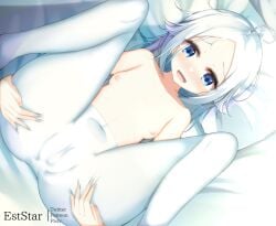 :d ahoge aties20 bed_sheet blue_eyes blush breasts cameltoe commentary_request dutch_angle feet_out_of_frame female forehead knees_up lying nipples no_panties no_pants nose_blush on_back original pantyhose pillow small_breasts smile solo topless underwear underwear_only white_hair white_pantyhose