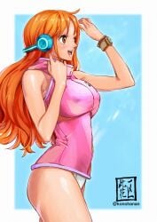 1girls big_breasts breasts brown_eyes curvy egghead female female_only konohana log_pose long_hair nami nipple_bulge no_pants one_piece orange_hair panties pink_topwear post-timeskip smile solo thick_thighs