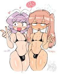 1girls 2boys blush bulge crap-man doodle femboy girly komi-san_wa_komyushou_desu komi_shouko male micro_bikini osana_najimi penis_bulge purple_eyes purple_hair short_hair standing tadano_hitohito twintails white_background