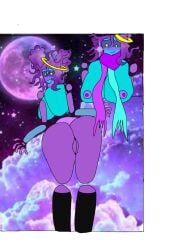 1girls ass bent_over big_ass big_breasts black_kneehighs blue_skin breasts breasts_out disembodied_limbs floating_head floating_limbs floating_torso galaxy kneehighs purple_eyes purple_skin pussy