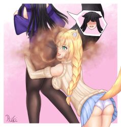 2girls ass ass_in_face black_hair blonde_hair blush braid cat_ears cat_tail catgirl fart fart_cloud fart_fetish farting farting_in_face female female_only fox_ears fox_girl green_eyes heart-shaped_pupils ina_(raki991) long_hair multiple_girls open_mouth panties_under_pantyhose pantyhose pink_background pixiv raki991 skin_fang skirt tsuki_(raki991) white_panties yuri