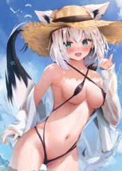 1girls alternate_costume animal_ear_fluff animal_ears aqua_eyes bangs bare_shoulders bikini black_bikini blue_sky blush braid breasts cloud cowboy_shot crossed_bangs day dot_nose female fox_ears fox_girl fox_shadow_puppet fox_tail halterneck hand_up hat highleg highleg_bikini hololive hololive_gamers hololive_gen_1 hololive_japan long_hair looking_at_viewer medium_breasts multi-strapped_bikini navel oerba_yun_fang off_shoulder open_mouth outdoors shirakami_fubuki shirt skin_fang sky smile solo stomach straw_hat string_bikini swimsuit tail uechin_ewokaku virtual_youtuber wading water wet white_hair white_shirt