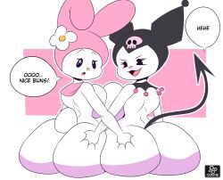 absurd_res anthro ass ass_dough ass_grab big_ass big_breasts big_butt black_eyes breasts bunny bunny_ears bunny_girl bunny_tail butt_grab cuadra_side curvy curvy_body curvy_female demon demon_girl dialogue duo english_text female female/female fur furry goth_girl gothic hand_on_ass hand_on_butt hi_res huge_ass huge_breasts huge_butt kuromi mammal mammal_humanoid my_melody onegai_my_melody open_mouth open_smile rabbit rabbit_ears rabbit_girl rabbit_tail sanrio simple_background skull_head smile spade_tail text white_pupils white_skin yuri