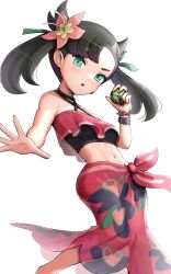 1girls armband bare_arms bare_midriff bare_shoulders beach_towel belly_button bikini bikini_top black_hair diamond_shaped_earring dusk_ball ear_ring emerald_eyes flower flower_bracelet flower_in_hair gonzarez green_eyes green_hair_ribbon hair_horns hair_ribbon half_bangs half_shaved_head marnie_(pokemon) midriff navel poke_ball pokemon pokemon_masters pokemon_ss ponytail red_bikini red_bikini_top red_earring red_swimsuit red_swimwear short_twintails summer_marnie_(pokemon_masters) swimsuit swimwear towel_around_waist twintails