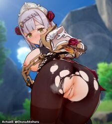 1girls actuale anus ass big_ass big_breasts blush breasts female female_only genshin_impact huge_breasts koikatsu large_breasts looking_back looking_back_at_viewer nipples noelle_(genshin_impact) pov pussy solo solo_female thick_thighs thighs torn_pantyhose uncensored white_hair