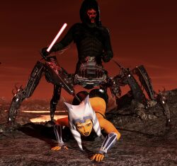 3d ahsoka_tano black_boots black_bra black_legwear blue_eyes crawling darth_maul defeated defeated_heroine lava lightsaber orange_body orange_skin ribs scared skin_tight skinny small_breasts star_wars that3dartist the_clone_wars:_season_seven togruta