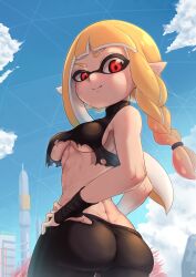 1girls agent_3_(splatoon_3) ass bike_shorts braided_hair breasts facial_markings female hand_on_hip hi_res inkling inkling_girl large_ass long_hair medium_breasts new_agent_3_(splatoon) nintendo outdoors pointed_ears red_eyes short_eyebrows smile splatoon splatoon_3 tentacle_hair togin torn_clothes underboob yellow_hair