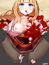 1boy arena_(artist) blonde_hair blood braid breasts censored corpse cuts death empty_eyes female female_death gore guro highres injury lily_(shironeko_project) long_hair lying medium_breasts necrophilia nipples one_breast_out pantyhose penis pov pussy sex shironeko_project torn_clothes torn_legwear vaginal_penetration