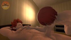 balls big_penis blowjob chest closed_eyes deep_blowjob eijirou_kirishima gay hand_on_chest huge_cock lying_on_bed male male/male male_only my_hero_academia naked penis rayaoisfm red_hair scar sfm shouto_todoroki two_tone_hair yaoi