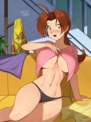 1girls arm_support artist_name bangs barleyshake belly big_breasts black_panties blush breasts brown_hair clothing clothing_aside collarbone couch crop_top curvaceous curvy curvy_figure delia_ketchum_(pokemon) detailed_background digital_media_(artwork) eyebrows_visible_through_hair eyelashes eyes_visible_through_hair female female_only furniture hair hi_res highres hypnosis hypnotic_eyes indoors inside large_breasts light-skinned_female light_skin living_room long_hair looking_at_viewer mascara midriff milf mind_control mother navel nipple_bulge open_mouth open_smile orange_eyes panties pokemon pokemon_(anime) ponytail short_sleeves signature sitting sitting_on_couch smile solo solo_female thick_thighs thighs underboob undressing wide_eyed