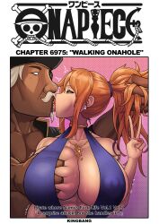 1boy 1girls abs breast_grab breasts cleavage dress female femsub huge_breasts human kingbang kissing large_breasts male manga_cover muscular muscular_female nami one_piece post-timeskip revealing_clothes shounen_jump text upper_body