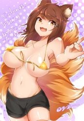 breasts brown_hair fang_out femi_colon fox_ears fox_tail gd_colon geometry_dash huge_breasts kitsune oerba_yun_fang tail yellow_bra yellow_panties