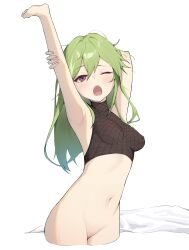 absurdres armpits bangs bottomless breasts cleft_of_venus crop_top cropped_legs female genshin_impact green_hair hair_between_eyes highres kuki_shinobu looking_at_viewer midriff navel obam one_eye_closed open_mouth purple_eyes pussy seisui small_breasts solo yawning