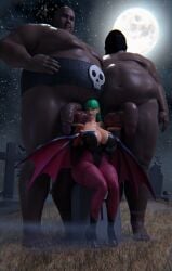 3d clothing dark-skinned_male dark_skin darkstalkers fat_man gildagriffon graveyard halloween interracial kiss_mark large_breasts moon morrigan_aensland older_male skull spit vampire