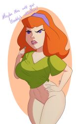 1girls big_breasts bunbunmuffinart daphne_blake english_text female female_focus female_only hanna-barbera light-skinned_female light_skin lipstick long_hair mystery_inc no_panties no_pants orange_hair scooby-doo shirt shirt_only t-shirt