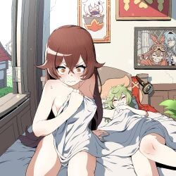 2girls after_sex amber_(genshin_impact) bed bed_sheet bedroom blush brown_hair cheating closed_eyes collei_(genshin_impact) eula_(genshin_impact) female female_only genshin_impact green_hair happy happy_sex highres implied_sex johnlim morning netorare nude on_bed paimon_(genshin_impact) smile sweat yuri