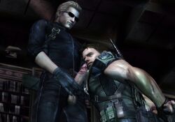 2boys albert_wesker blonde_hair blowjob brown_hair chris_redfield clothed_sex cum dominant_male erection gay kneeling_oral_position male/male male_focus male_only muscular muscular_male resident_evil resident_evil_5 restrained starswesker submissive_male sunglasses yaoi