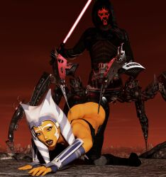 3d ahsoka_tano black_boots black_bra black_legwear blue_eyes crawling darth_maul defeated defeated_heroine lava lightsaber orange_body orange_skin ribs scared skin_tight skinny small_breasts star_wars that3dartist the_clone_wars:_season_seven togruta