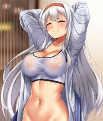 1girls ^_^ arms_behind_head arms_up bangs blush breasts cleavage closed_eyes crop_top hairband indoors kantai_collection large_breasts long_hair long_sleeves midriff navel open_clothes open_shirt red_hairband shirt shoukaku_(kantai_collection) smile solo sports_bra stomach upper_body very_long_hair white_hair white_shirt zanntetu