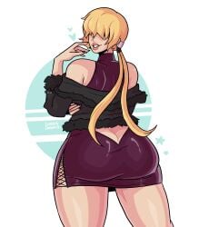 ass_cleavage blonde_hair butt_crack dress flirty fur_jacket hidden_eyes jacket king_of_fighters large_ass little_black_dress loggus_doggus pencil_skirt ponytail shermie_(kof) shiny_clothes short_dress simple_background tight_clothing tight_dress wide_hips