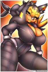 black_hair bodysuit breasts cleavage hand_on_hip large_ass large_breasts long_hair madartraven orange_eyes orange_fur thick_lips thick_thighs wide_hips