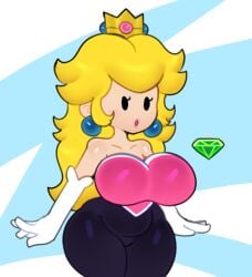 1girls big_breasts blonde_hair bodysuit breasts busty clothing cosplay crown ear_piercing earrings emerald_(gem) female female_only huge_breasts large_breasts mario_(series) nintendo paper_mario paper_peach piercing princess_peach rouge_the_bat_(cosplay) royalty solo somescrub thick_thighs wide_hips