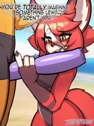 ahoge animated beach blush breasts fox_girl furry gif horse_boy madartraven orange_eyes orange_fur red_fur red_hair suggestive_gesture swimsuit thick_thighs volt_(madartraven) wide_hips