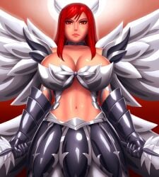 1girls armor breasts choker cleavage erza_scarlet fairy_tail gauntlets large_breasts long_hair metal_choker red_eyes red_hair shiny_hair shiny_skin solo svoidist sword tagme unconvincing_armor weapon