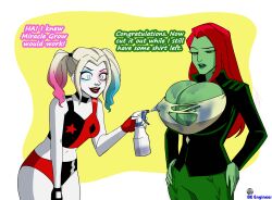 2022 2girls beengineer big_breasts breast_expansion breasts cleavage dc dc_comics dialogue female female_only green-skinned_female green_skin harley_quinn harley_quinn_(series) huge_breasts inherentlysostrange multiple_girls nipples pale-skinned_female pale_skin poison_ivy poison_ivy_(harley_quinn) red_hair tagme wardrobe_malfunction