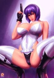 1girls breasts cleavage female female_only fingerless_gloves ghost_in_the_shell hourglass_figure jacket kusanagi_motoko large_breasts leotard looking_at_viewer purple_hair red_eyes simple_background sleeves_rolled_up solo svoidist