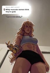 1girls abs blonde_hair female female_only know_your_place looking_down meme mildly_muscular_woman muscular muscular_female rwby thick_thighs yang_xiao_long