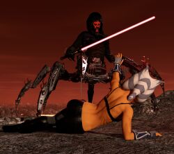 3d ahsoka_tano black_boots black_bra black_legwear blue_eyes darth_maul defeated defeated_heroine lava lightsaber orange_body orange_skin ribs skin_tight skinny small_breasts star_wars that3dartist the_clone_wars:_season_seven togruta