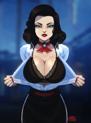 1girls big_breasts bioshock bioshock_infinite black_hair blue_eyes bra breasts burial_at_sea busty choker cleavage elizabeth_comstock elizabeth_comstock_(burial_at_sea) female female_focus female_only flashing flashing_breasts hourglass_figure large_breasts lipstick long_hair open_shirt pencil_skirt ribbon shirt skirt standing tagme tovio_rogers wide_hips