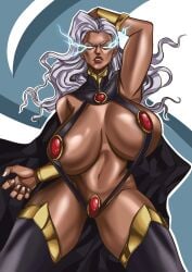 barely_contained_breasts barely_covered big_breasts black_sling_bikini black_slingshot_bikini black_slingshot_swimsuit boobs breasts dark-skinned_female dark_skin exposed_stomach large_breasts lightning marvel marvel_comics mutant ororo_munroe palungpalang skimpy skimpy_clothes skimpy_outfit sling_bikini slingshot_swimsuit storm_(x-men) superheroine thighhighs tits white_hair x-men