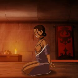 1girls avatar_the_last_airbender blush bondage clothing crying dark-skinned_female exposed_breasts full_body half-dressed handcuffs harness katara medium_breasts munshin open_dress tears