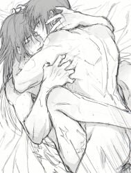 2boys anal anal_sex back_muscles blush breath completely_nude gay gintama hand_on_another's_head implied_anal katsura_kotarou llemonyyyy long_hair_male looking_pleasured male male_only monochrome motion_lines nude on_back on_bed scratches scratching sketch sweat takasugi_shinsuke toned toned_male yaoi