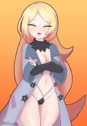 1girls alfwenx big_breasts blush breasts closed_eyes cynthia_(pokemon) female female_only game_freak gradient_background light_skin nintendo pokemon pokemon_(game) pokemon_dppt solo standing thick_thighs wide_hips