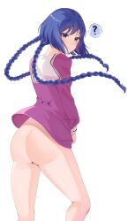 1girls ? bare_ass bare_shoulders blunt_bangs blush boruto:_naruto_next_generations bottomless braided_twintails braids from_behind kakei_sumire looking_at_viewer looking_back narumiilust naruto naruto_(series) no_panties petite petite_body purple_eyes purple_hair rear_view round_ass shirt tied_hair twintails