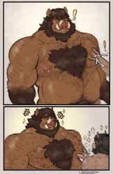 anthro bodily_fluids body_hair broody chest_hair duo lactating male male/male male_lactation male_only mammal nipples overweight overweight_male pure_command suid suina sus_(pig) vein veiny_muscles wild_boar