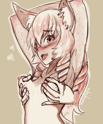 armpits arms_above_head blush breast_grab breast_squeeze breasts female floating_hands fondling fox fox_ears fox_girl freckles from_behind long_hair looking_at_viewer nipple_pinch nipples open_mouth original petite poppytart red_hair small_breasts spoken_heart tanline tira_(poppytart) tongue_out tsundere