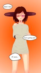 brown_hair comic comic_page demon demon_girl demon_horns dialogue exhibitionism exhibitionist glasses heterochromia hypnosis madame_doom madame_doom(artist) orange_eyes outdoors outside purple_eyes story stripping