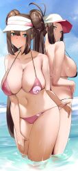 2girls beach bikini black_bikini blue_eyes breasts brown_hair female female_only game_freak hat hi_res hilda_(pokemon) huge_breasts light-skinned_female light_skin long_hair long_ponytail nintendo outdoors pink_bikini pokemon pokemon_bw pokemon_bw2 ponytail rosa_(pokemon) slim_waist twin_buns twintails water wet yuuyuu_(yuuki1771)