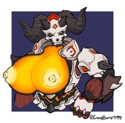 2d blizzard_entertainment breasts bust busty christomwow crazybunny4994 demon demon_girl demon_orisa erect_nipples muscular_female nipples orisa overwatch robot robot_girl yellow_eyes