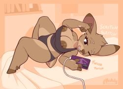 absurd_res anthro areola bed big_breasts breasts brown_areola brown_nipples camel_toe cervid clothing female furniture hi_res hooves loimu loimu_(character) mammal nipple_slip nipples original panties phone scratching_ear short_stack shortstack solo topwear underwear wardrobe_malfunction